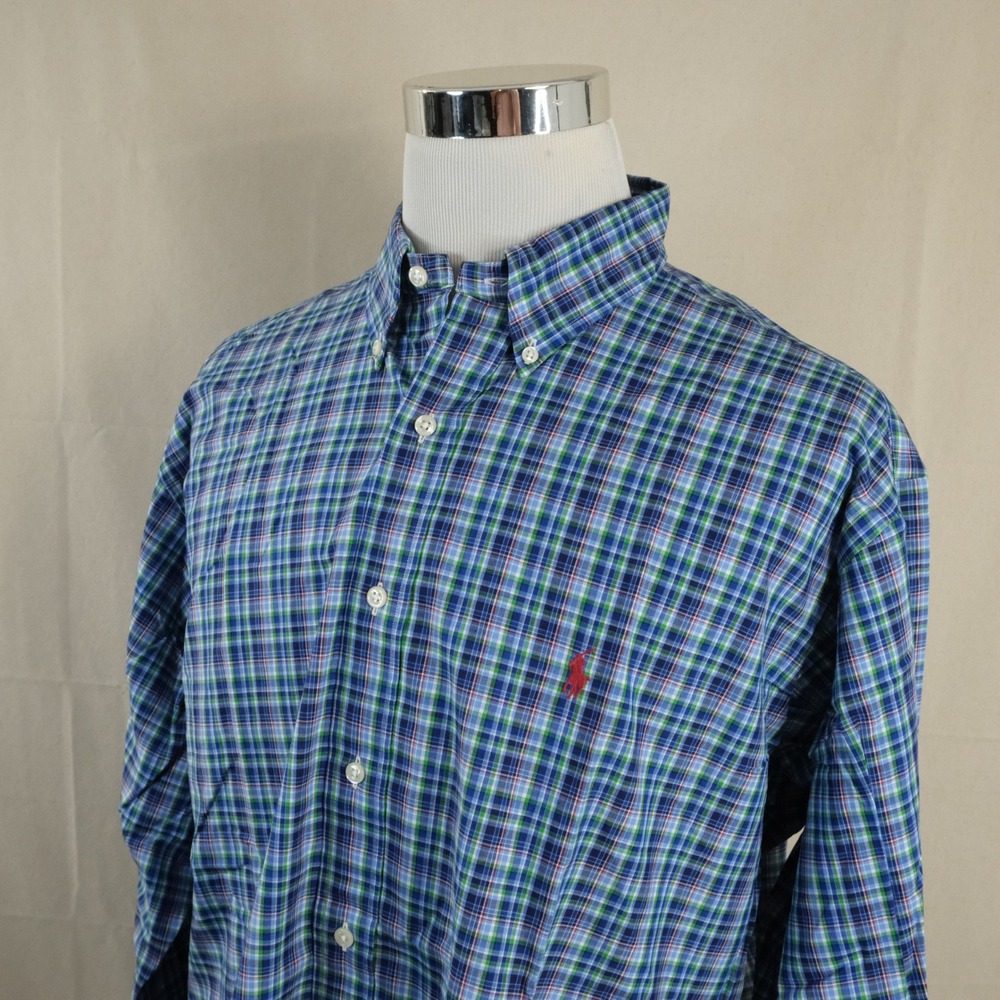 Polo Ralph Lauren XL Classic Fit Button Down Blue Green Plaid 100% Cotton Mens